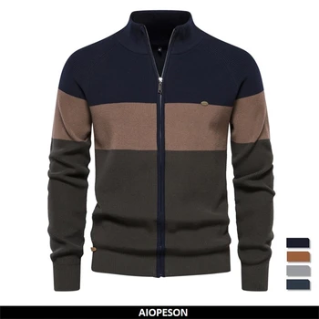 2023 Новият Есенно-зимния Цветен пуловер в стил мозайка за мъже, Жилетки с цип за мъже, Висококачествени младежки мъжки пуловер памук