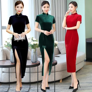 2023 Черно бархатное женствена рокля Чонсам в ретро-стил, изискан есента рокля в китайски стил, модерно ципао-дълга тъмно-син цвят DD864