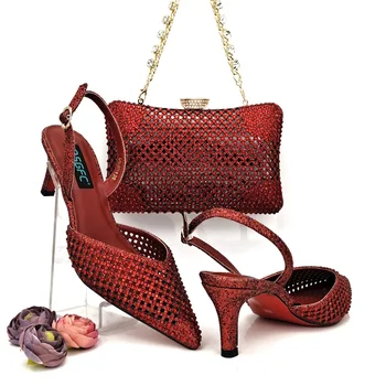 2023 г., Луксозни дизайнерски дамски обувки и чанта в африканския стил винен цвят, комплект от обувки-лодочек с остър змияр (Размер: 38-43) За сватбеното парти в нигерия стил