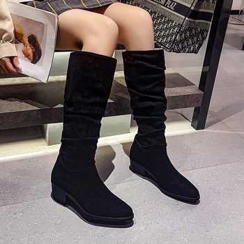 2023 г., зимни дамски обувки-Големи размери, Дамски ботуши до коляното без закопчалка, Дамски обувки на квадратен ток, ежедневни дамски обувки