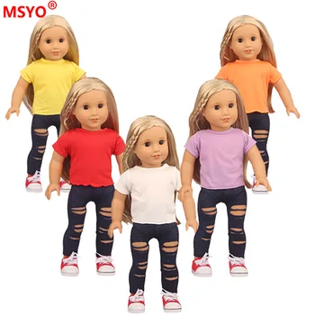 43 см, 18 См, американската кукла, Дрехи за момичета, Дънки от две части, с къси ръкави, играчки за бебета, Аксесоари, подходящи за кукли 43 см, подарък за момчета