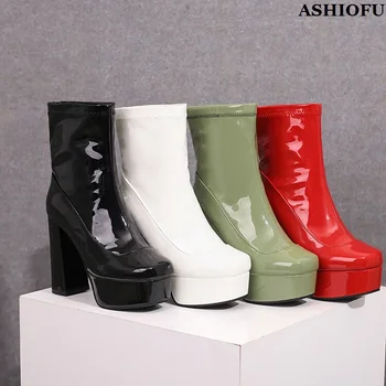 ASHIOFU/ Ново Записване, женски ботильоны ръчно изработени от масивна ток, Лачена кожа, Четири пикантни Модни обувки на платформа за бала