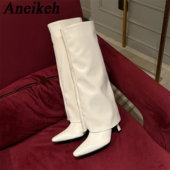 Aneikeh / 2024 г., Обувки без закопчалка на тънък ток, с остри пръсти, дамска мода тенденция на модерни ботуши до коляното от изкуствена кожа за партита и клубове