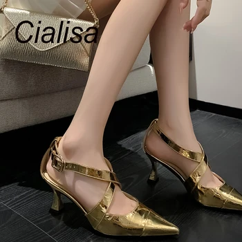 Cialisa/ Лятна Мода Обувки, Елегантни Сандали с остри пръсти, Дамски обувки от естествена кожа, Вечерна Рокля, Дамски Сандали на висок Ток, Златна 40