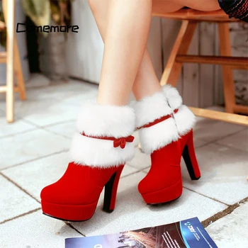 Comemoret/ Дамски обувки на висок ток, Дамски Топли Полусапожки на платформата, червени, черни Обувки, по-Големи Размери 43, Зимни дамски Коледни Ботильоны