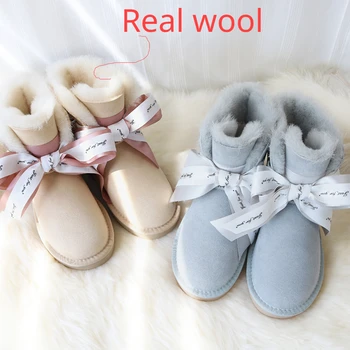 G & Zaco / Луксозни зимни обувки от овча вълна; Дамски къс обувки от естествена овча кожа; Колекция 2023 г.; Сладък студентски обувки на плоска подметка с лък за момичета;