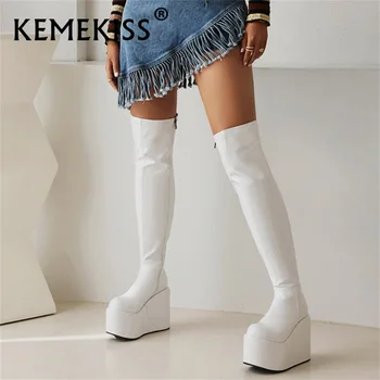 KemeKiss/Дамски ботуши над коляното на платформата, Размер 34-43, Лачени Обувки на висок Ток са с цип, за Партита, на равна подметка, Тенденция 2023 Година