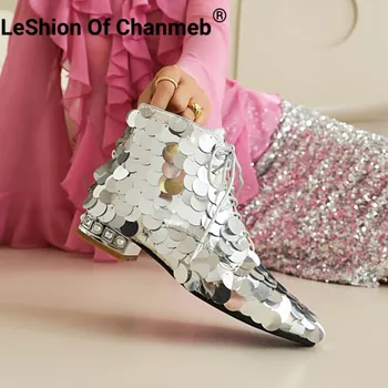 LeShion Of Chanmeb/ Женски Златни обувки с пайети, Сребристи обувки с ниски токчета, Големи и Кръгли Обувки с пайети, Дамски обувки джоб с шнур, 43