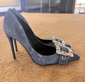 Moraima Snc/ най-новите дънкови сини обувки на висок ток, жените пикантни вечерни сватбени обувки с остър пръсти и кристал катарама