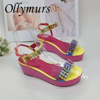 Ollymurs/ маркови дизайнерски дамски летни сандали на танкетке с кристали, с отворени пръсти, с каишка на щиколотке, на платформата, Модни дамски обувки