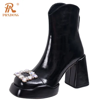 PRXDONG/ Нова марка 2023, Модни Дамски обувки от естествена кожа, Ботильоны, Черни, бели Обувки на висок квадратен обувки с кръгло бомбе, рокля за парти, дама
