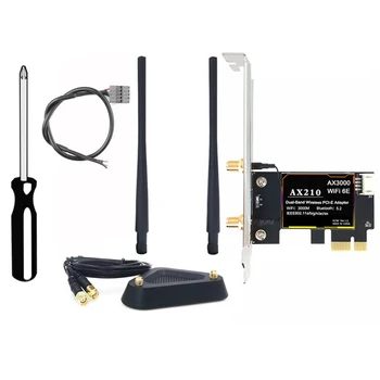 Безжична мрежова карта AX210 + 2XAntenna + Удлинительный кабел 8 db Антена + База 5374 Mbps Bluetooth 5,2 2,4 G/5G/6G Трибандов