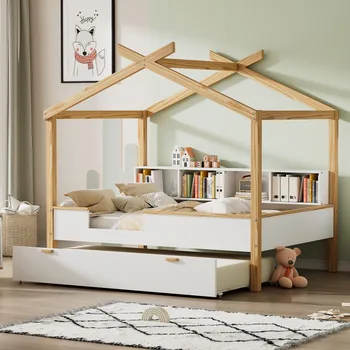 Бяла пълен размер дървено легло-къщичка с дограма с цвят на дърво, двухразмерный куфар и bookshelf за съхранение на мебелите в спалнята