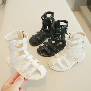 Високи сандали-гладиатори за момичета, страничен цип, стръмни детски кухи обувки с чорапи, нескользящие обувки на плоска подметка, модерна детска лятна плажна обувки