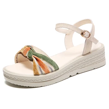 Дамски Дамски Обувки за мама от естествена кожа, сандали на равна подметка, мека корейски дрънкулката, летни плажни Размери 35-40