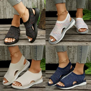 Дамски летни нови модни сандали 2023, Мрежести ежедневни спортни сандали с рибено уста, по-Големи Размери, Летящи тъкани обувки на плоска подметка, Sandalias Mujer