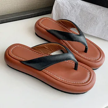 Дамски летни чехли на равна подметка от естествена кожа, висококачествени меки удобни дамски улични плажни сандали, дамски обувки