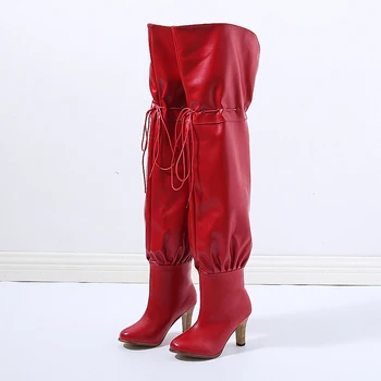 Дамски модни ботфорты над коляното 2023 година На висок ток От лачена кожа, обувки на висок ток с остър пръсти, обикновена обувки дантела