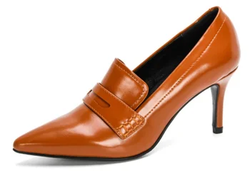 Дамски обувки 2023, Ново записване, Кожени обувки-лодка на среден ток с остър пръсти, Прост дизайн, Модни лаконичен ежедневни обувки на ток Chaussure Femme