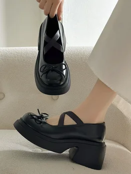 Дамски обувки с малките си пръсти и бантиком, Удобни и Елегантни Дамски обувки Modis, Черни обувки-Oxfords на равна подметка, Ежедневни Обувки с кръгло бомбе, Бу