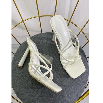 Дамски сандали на висок ток с квадратни пръсти, Италиански летни обувки с каишка на щиколотке, на Женската Елегантност, Модерен вечерни обувки-лодка в Голям размер за момичета 938-105