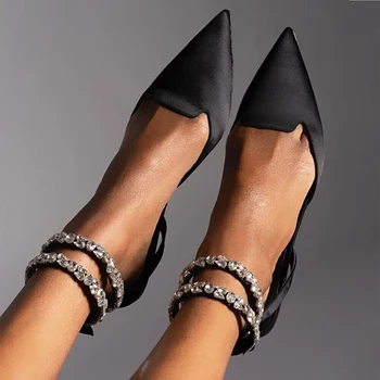 Дамски сандали на равна подметка с блестящи кристали, вечерни обувки с остри пръсти, за жени, дамски сандали с джапанки на щиколотках, 2023