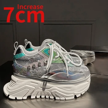 Европейската обувки за татко, Дамски обувки, височина 7 см, женски маратонки с кристали, увеличаване на растежа, Дамски ежедневни спортни обувки от естествена кожа