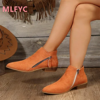 Есенни нови дамски ботуши в европейския и американския стил със страничен цип, дамски кожени обувки на дебелите ток, големи модни модни обувки