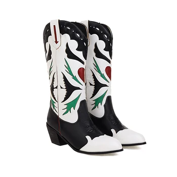 Есента и зимата са 2023, Нова дамски обувки с бродерия На дебелите обувки, Модни каубойски ботуши в западен стил, Дамски обувки в национален стил
