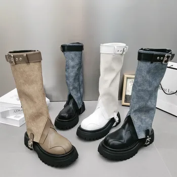 Зимни Нови Дамски обувки в стил ретро в стила на Западна Ковбойки, Модни Слипающиеся Обувки до коляното, Дизайнерски Престрелки Ботильоны на квадратен ток