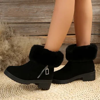 Зимни къси ботуши на топло меху на висок ток, модни дамски ботильоны, черни дамски зимни обувки на квадратна платформа, обувки