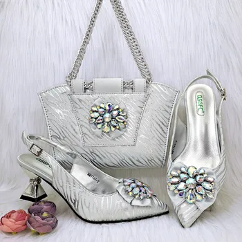 Комплект дамски обувки и чанти Doershow високо качество на африканския стил, най-новият комплект сребърни италиански обувки и чанти за парти! ! HRF1-7