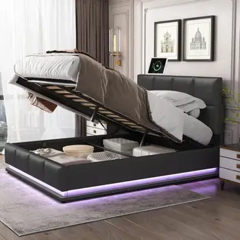 Легло платформа с мека тапицерия и хидравличната система за съхранение, легло за съхранение от изкуствена кожа размер 