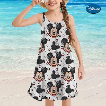 Лятото е слънчево рокля без ръкави с цветен модел за момичета от 1 до 16 години, с Плажна рокля на принцеса с Мики Маус, детски дрехи