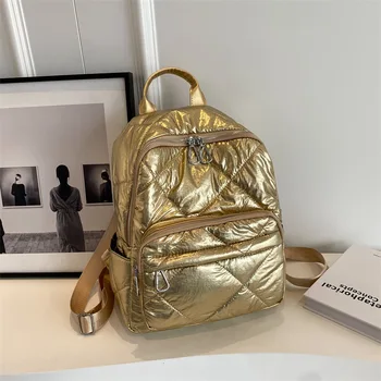 Модерен Памук женски раница Space Pad, Златни однотонная училищна чанта, Ватиран дизайн, Дамски спортни раници, Дамски чанта от найлон подплата 2023