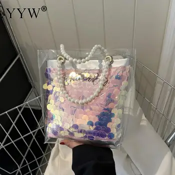 Модерна чанта с перлената дръжка от PVC, прозрачна чанта-тоут, дамски лъскава желейная чанта, дамски луксозни чанти през рамо дамски чанти-месинджър