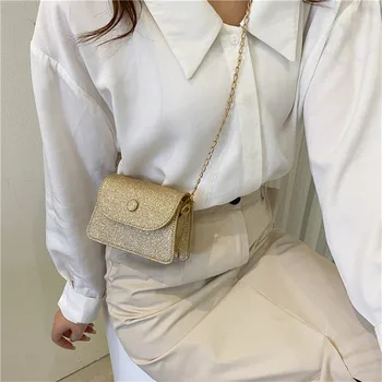 Модни блестяща дамски дизайнерска чанта на едно малко рамо за подмишниците, вечер клатч, женска верига, монофонични мини-портфейл, чанта