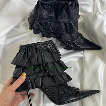 Модни дамски ботильоны с гънки в ниша, нов стил, черни модни обувки на висок ток