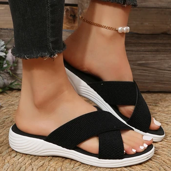Модни дамски чехли, летни улични плажни женски обувки на равна подметка, чехли големи размери, удобни ежедневни дамски сандали на платформа