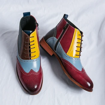 Нова мода за мъже блок обувки със страничен цип, дървена панел на ток, боядисана кожени обувки, размер 38-48, Безплатна доставка