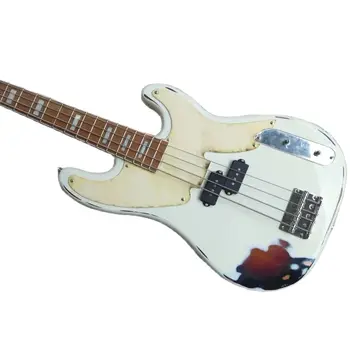 Нова самостоятелна 4-струнен бяла ретро-бас-електрическа китара, бяла защитна дъска, подплата от палисандрово дърво, отлично качество, безплатна доставка