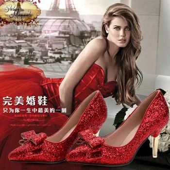 Нови сватбени обувки за булката-рокля, обувки Злато за шаферките, Блестящи червени банкетни дамски обувки на висок ток