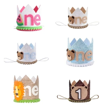 Обновената детска шапка с корона на принцеса, детска шапка в първи рожден ден с изображение на мечка/лъв, украса за парти по случай рождения ден на за момчета и момичета X90C