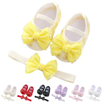 Обувки за новородено, Меки обувки за момичета, Обувки за Кръщение, Обувки за бебета, Проходилки, Обувки Принцеса с лък, Zapatillas + Превръзка на главата