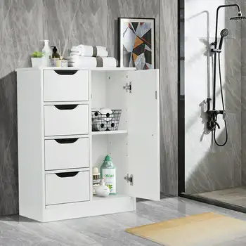 Открит шкаф за баня, Отделно стоящ шкаф-органайзер за съхранение с 4 чекмеджета и 1 регулируем рафт, бял