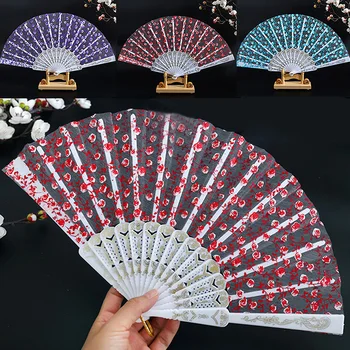 Пластмасова сгъваема фен с китайски японски цветя модел, художествен занаят, подарък за декорация на дома, танц ръчно фен, подаръци, декорация