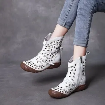 Пролетно-летни дамски стръмни обувки са ръчно изработени в Ретро стил от мека кожа с дишаща дупки в етнически стил за почивка