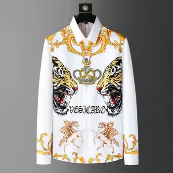 Пролетно нова мъжка риза, европейската гладене на риза с диаманти, мъжка риза в голям размер, с принтом под формата на тигрова crown 2023
