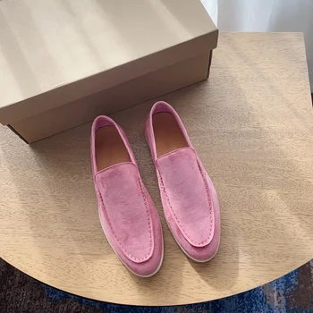 Розови дамски лоферы на равна подметка кайсиев цвят, Дизайнерски луксозни и ежедневни обувки 2023 г., модната марка LP LORO, удобни обувки за разходка