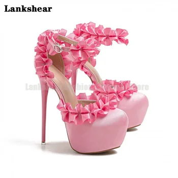 Розови дамски обувки Mary Jane в платформата с волани и декорация, Нови Сандали на висок ток 16 см, Сладки тънки обувки, Дамски обувки 35-42